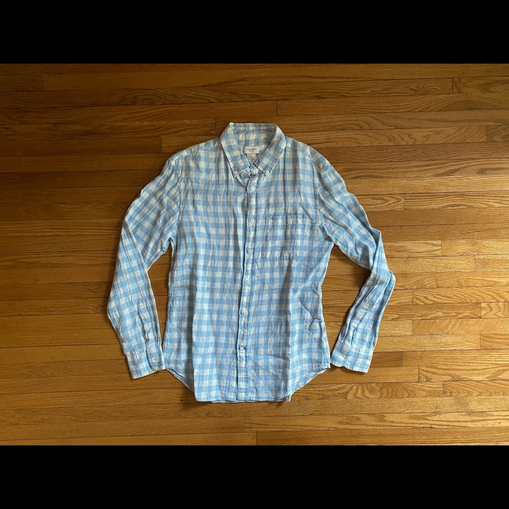 2 for $40: Club Monaco Linen Blue & White Checker Long Sleeve Button Down Shirt